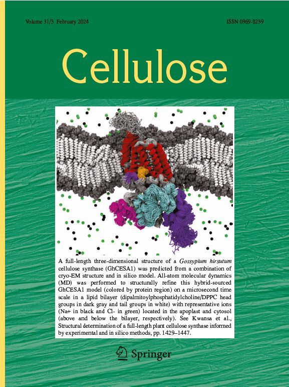 Cover of Cellulose volume 31 February 2024 issue showing image of 3D structure of GhCESA1 in cell membrane from Kwansa et al. 2024 paper